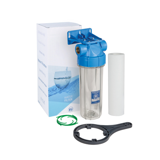 10” set: CLEAR filter housing, with pressure relief valve and transparent sump, mounting bracket with screws, wrench, cartridge, bacteriostatic filter centralizing ring.