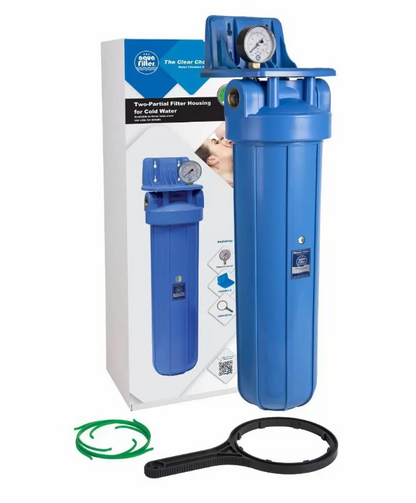 20” in-line Big Blue type set: Big Blue type filter housing, with blue sump and pressure relief valve, mounting bracket with screws, wrench, bacteriostatic filter centralizing ring.