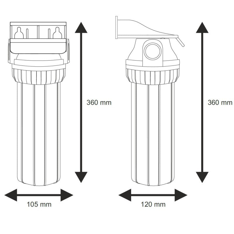 10” set: CLEAR filter housing, with pressure relief valve and transparent sump, mounting bracket with screws, wrench, cartridge, bacteriostatic filter centralizing ring.